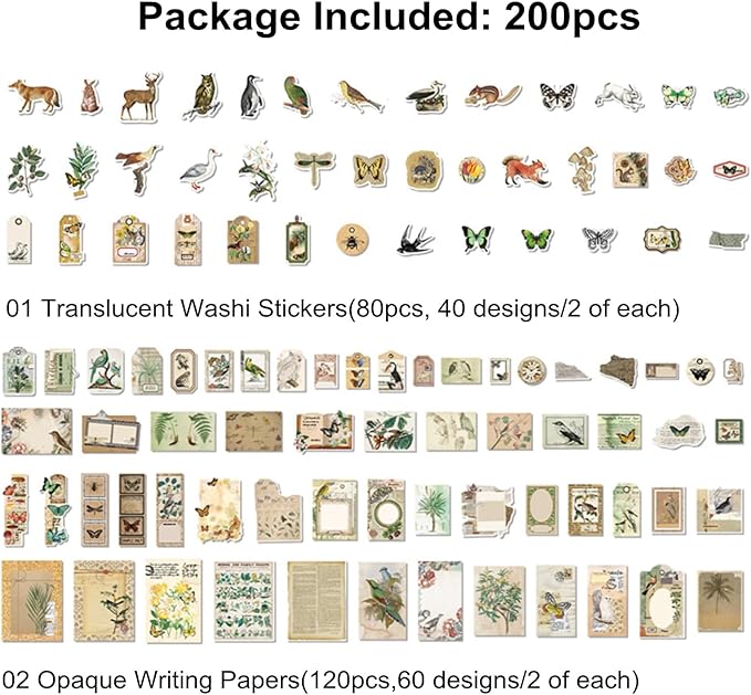 200PCS Vintage Scrapbooking Supplies Pack, Aesthetic Scrapbook Sticker Paper Art Journaling Kit for Bullet Junk Journals,Planner,Cottagecore Decor Gifts (Animal)