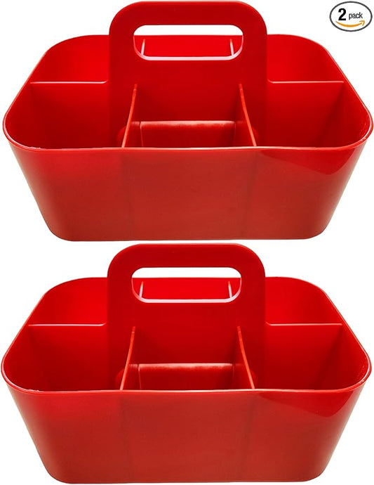 2 Pack Small 6 Compartment Multiuse Caddy Organizer with Handle Art Craft Supplies, Office, Desk, Stationery Pen Holder Stackable- Made In USA (Red)