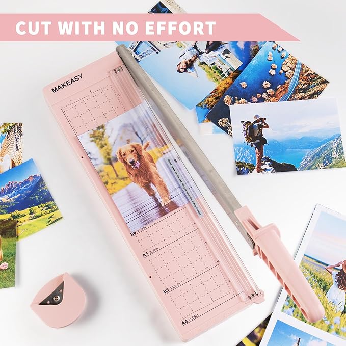 MAKEASY Paper Cutter 12 Inch, Guillotine Paper Cutter with 8 Sheet Capacity, Heavy Duty Paper Cutter for Cardstock, Paper Trimmer for Crafting, Classroom and Office, Pink