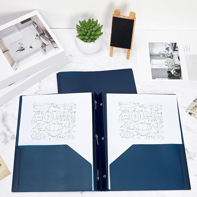 Yeaqee 30 Pcs Plastic Folders with Pockets and Prong Plastic Folders with 2 Pockets Pocket for Office, School for Students, Teachers, Office Workers (Navy Blue)