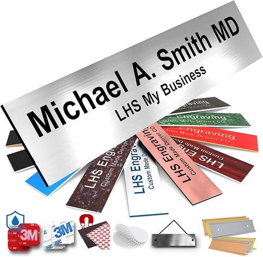 Door Name Plate Personalized for Office Brushed Steel Plastic Name Plate Black Letters - Made in USA 2x4 M1