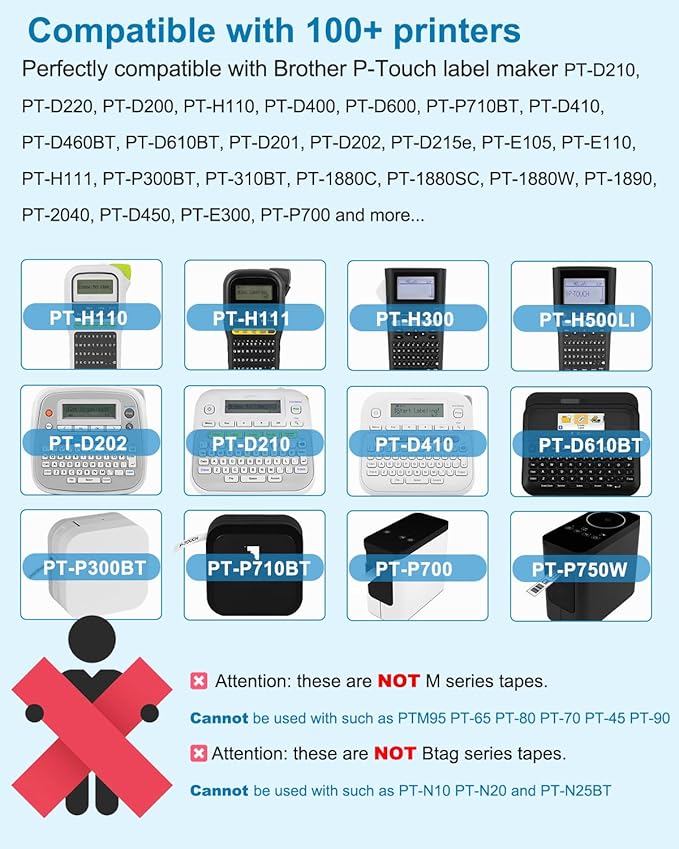 Label Maker Tape Refill 12mm 0.47 Laminated White Replace for Brother P-Touch Label Tape TZe TZ TZe-231 TZe231 Compatible with Brother P Touch PTD210 PTD220 PTH110 PTH111, Black on White, 6 Pack