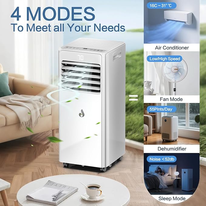 10,000 BTU Portable Air Conditioners for Rooms Up to 450 Sq.Ft,4-in-1 Cooling & Dehumidifier Air Conditioning Unit with Remote,Smart AC Unit with Installation Kit for Home/Office