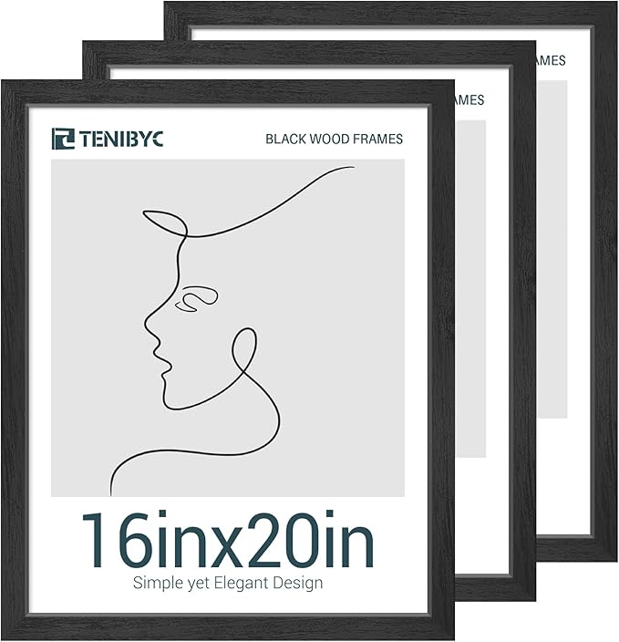 16x20 Picture Frames Set - 3 Pack - Black Solid Wood Poster Frame - Tempered Glass - Exclusive Woodgrain - Rooms, Offices, Gallery, Studio, and Hallway, Wall Display Decor