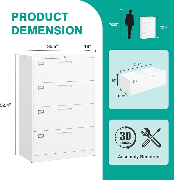 4 Drawer Lateral File Cabinet with Lock,White Lateral Filing Cabinet,Horizontal Metal Filing Cabinet,Locked Wide Four Drawer File Cabinet for Office Home,Fit A4/F4/Letter/Legal File,-Assembly Required