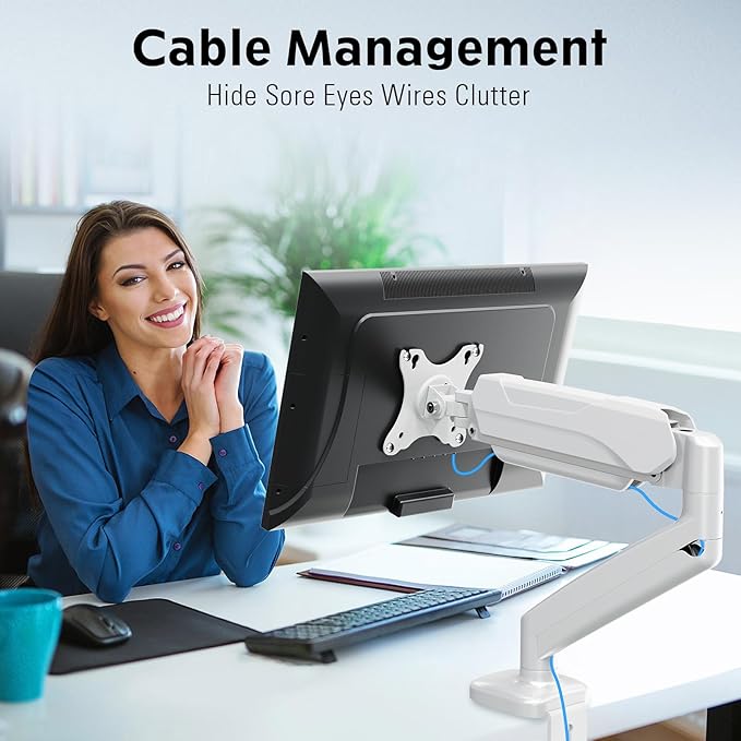 MOUNTUP Single Monitor Desk Mount, Adjustable Gas Spring Monitor Arm Support Max 32 Inch Screen, Computer Monitors Stand with Clamp/Grommet Mounting Base, VESA Mounts Fit 4.4-17.6lbs Computer, White