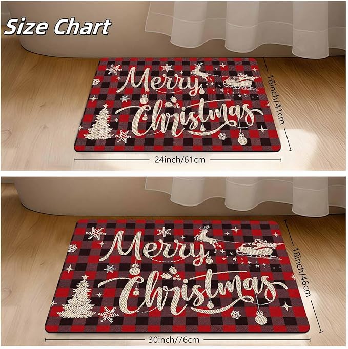 Christmas Front Door Mat Xmas Buffalo Plaid Welcome Doormat Reindeer Santa Claus Floor Mats Outdoor Indoor Area Rug Entry Doormat for Bedroom Living Room Kitchen Nursery, 18" x 30"Inch