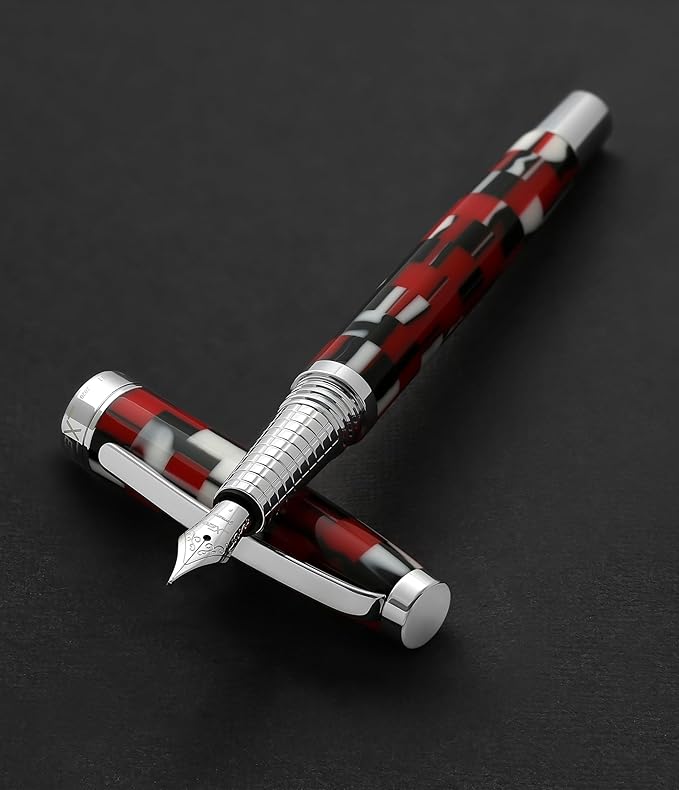 Xezo Urbanite II Fountain Pen, Fine Nib. Sporty Red, Black, and White Checkered Acrylic on Brass. Chrome Plated. Handcrafted, Limited Edition, Serialized