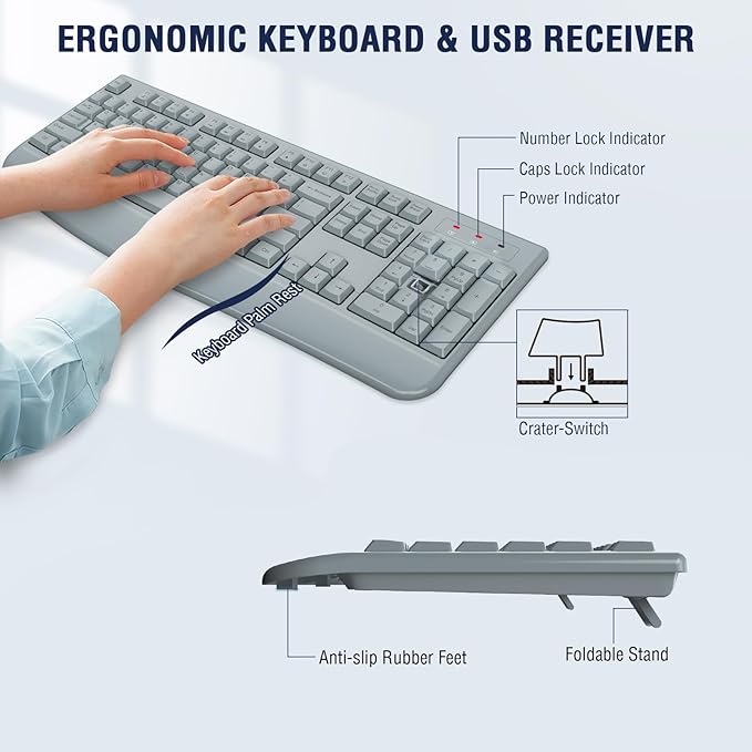 Wireless Keyboard and Mouse Combo, Full-Sized 2.4GHz Wireless Keyboard with Comfortable Palm Rest and Optical Mouse for Windows, Mac OS PC/Desktops/Computer/Laptops (Gray)