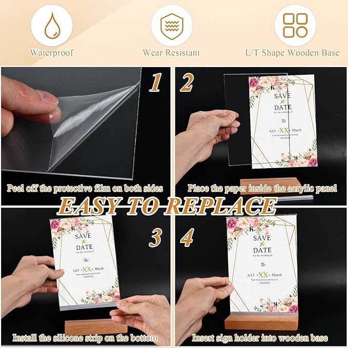 6 Pcs Acrylic Sign Holder 5 x 7 Inch, L Shape Clear Flyer Holder with Wood Base, Clear Stand Menu Table Display Holders Name Card for Office, Restaurant