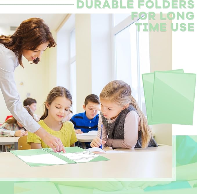 Henoyso 72 Pcs Plastic Folder with Clear Front Pocket and 3 Prong Plastic Folders with Card Slot Pocket Folders with Prongs for School Office (Light Green)