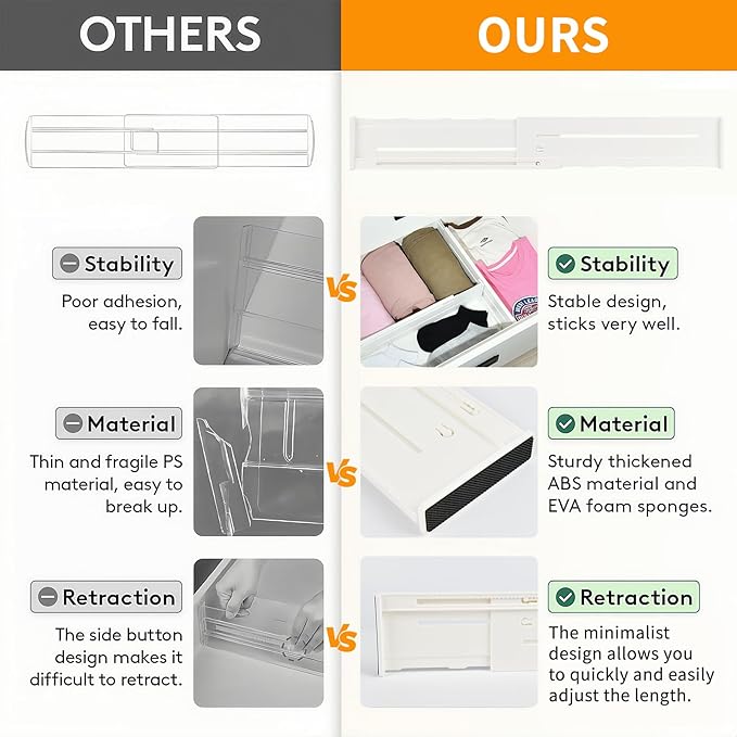 5 Pack Drawer Dividers 3.8" Slim Height Drawer Separators, Non-Slip Plastic Drawer Organizers Expandable 14.6"-25.6" for Shallow Drawers,Kitchen & Clothes Storage, Adjustable Office Drawer Divider