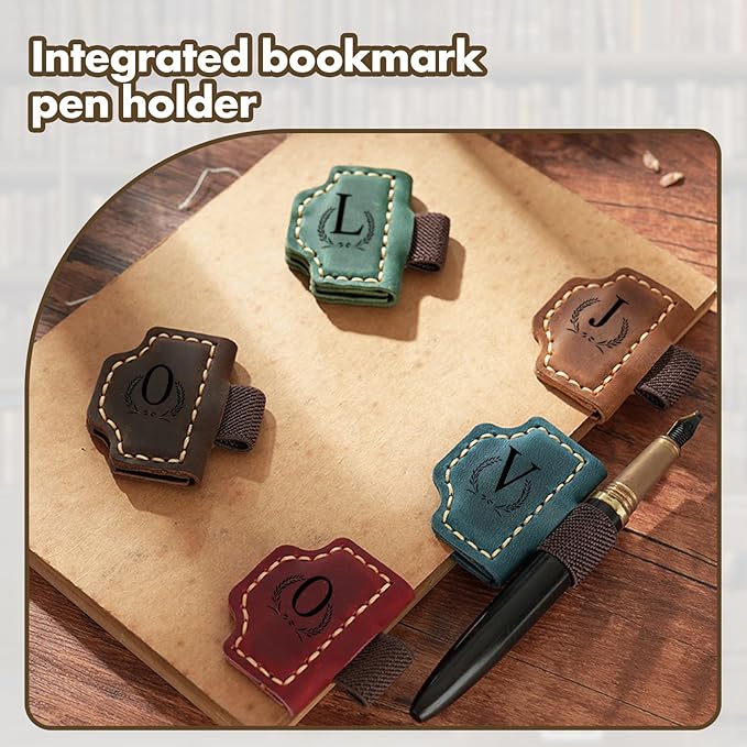 Custom Bygone Mark Bookmark with Pen Holder, 26 Letters Name Initial Personalized Magnetic Leather Bookmark, Gifts for Book Lovers, Readers, Travelers, Leather Book Marks (Wine Red, D)