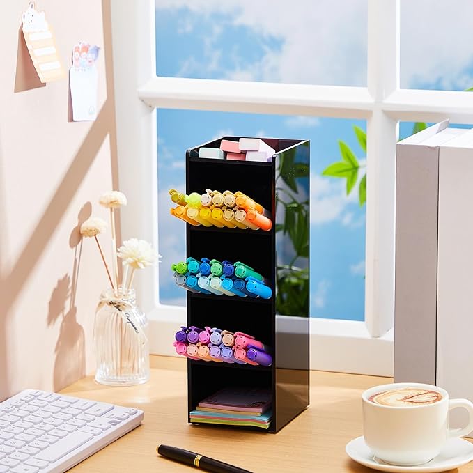 Acrylic Pen Organizer Storage for 50 Markers Vertical Marker Organizer Acrylic Pen Display Holder for Office Desk Desktop Stationery Pencil Storage, Black, 3.4 x 4 x 10.2 Inch