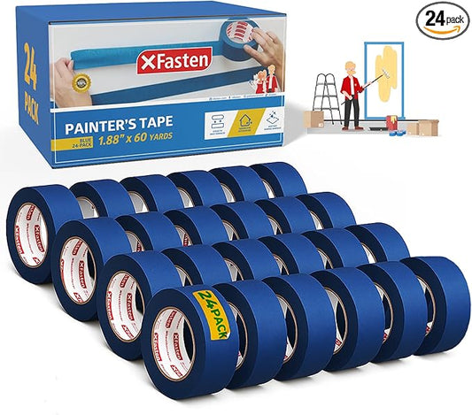 XFasten Blue Painters Tape Bulk, 1.88 Inch x 60 Yards, 1440 Yards Total (24-Pack) Blue Painters Masking Tape Bulk - Sharp Edge Line Technology, Produces Sharp Lines | Residue-Free Wall Trim Tape