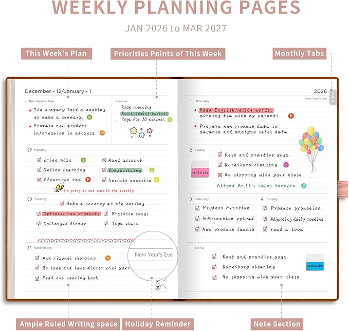 AHGXG 2026 Planner, Weekly and Monthly, Large A4 8.5"x11", Planner 2026-2027, Calendar 15-Months Jan 2026 - Mar 2027, Vegan Leather Softcover, Inner Pocket, Rose Gold