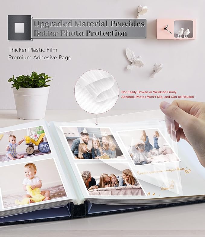 Photo Album Self Adhesive Scrapbook Album for 3x5 4x6 5x7 8x10 Pictures,60 Pages Linen Cover with Display Window DIY Photo Book,Ideal Gifts for Family Travel Wedding Baby