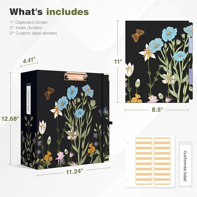 Ospelelf 3 Ring Binder for Letter Size Documents with 5 Tab Dividers, 3 Inch Ring, 4.4 Inch Spine, Black Floral Binder with Clip for School and Office Supplies, Moonlit Blossoms