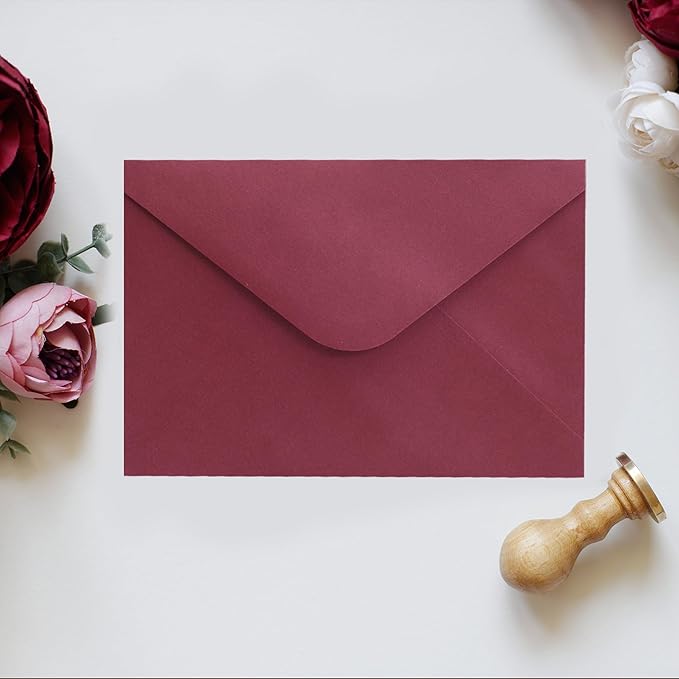 Burgundy A7 V-Flap Envelopes, 5 x 7 Inch, 50 Pack, 120gsm Paper for Christmas Cards, Valentines, Invitations, Wedding, Personalized Gifts, Postcards