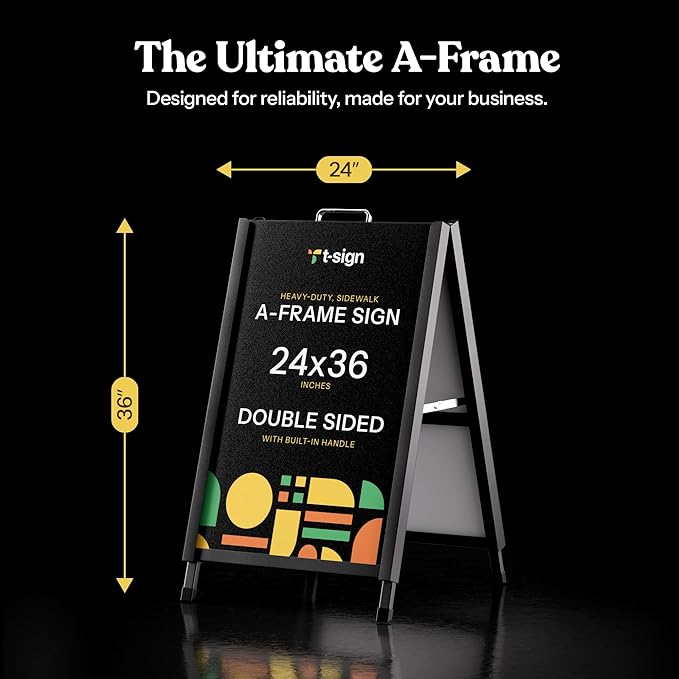 T-SIGN A-Frame Sign for Outdoors, Sidewalk Menu Board 24 X 36 Inch Folding Slide-in Board - Heavy Duty Portable Sandwich Board, Metal Double Sided 2 Corrugated Plastic Poster Boards for Restaurants
