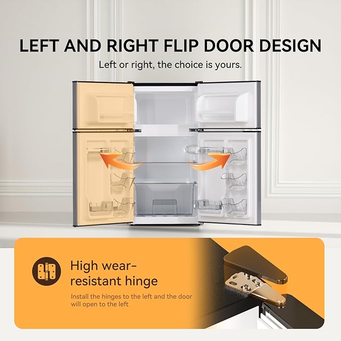 Frestec Mini Fridge with Freezer 3.2 Cu.Ft. 2 Door Refrigerator and Freezer Small Fridge for Bedroom Home Office Dorm, Small Drink Chiller, 37 dB Low Noise, Stainless Steel