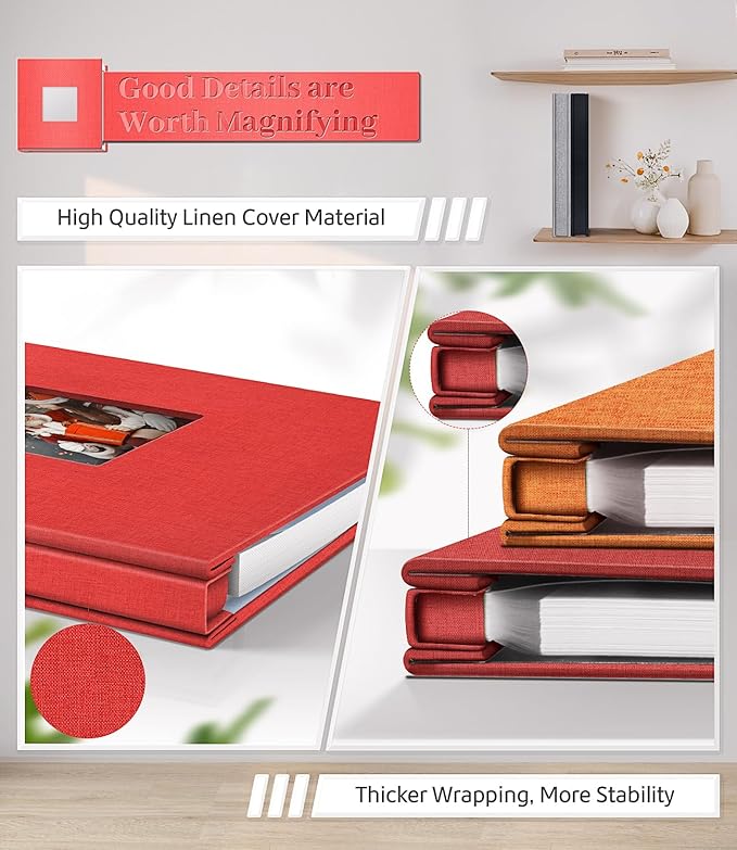 Photo Album Self Adhesive Scrapbook Album for 3x5 4x6 5x7 8x10 Pictures,60 Pages Linen Cover with Display Window DIY Photo Book,Ideal Gifts for Family Travel Wedding Baby