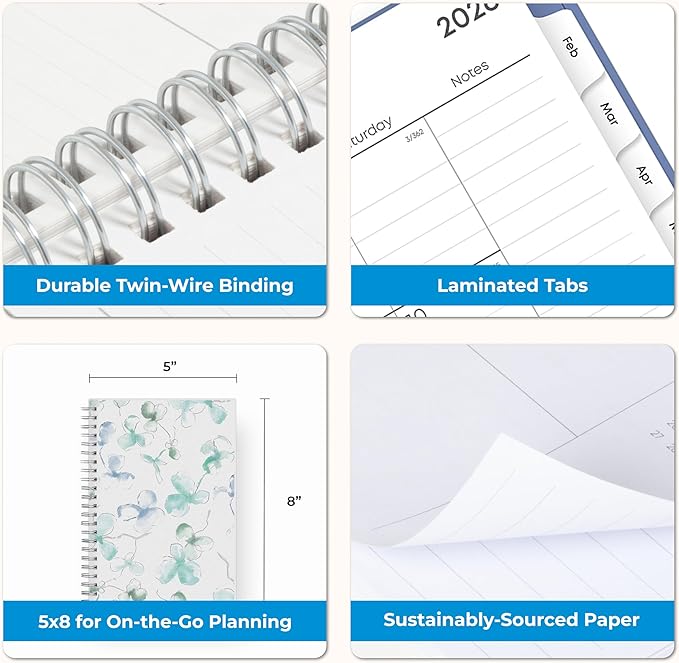 Blue Sky 2026 Weekly and Monthly Planner Calendar, January 2026 - December 2026, 5" x 8", Flexible Frosted Cover, Laminated Tabs, Durable Twin Wire Binding, Lindley