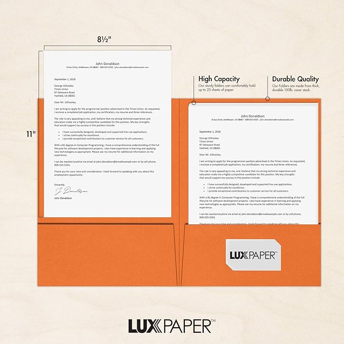 LUXPaper 9" x 12" Presentation Folders | Two Pocket | Mandarin Orange | 100lb. Cover | 25 Qty