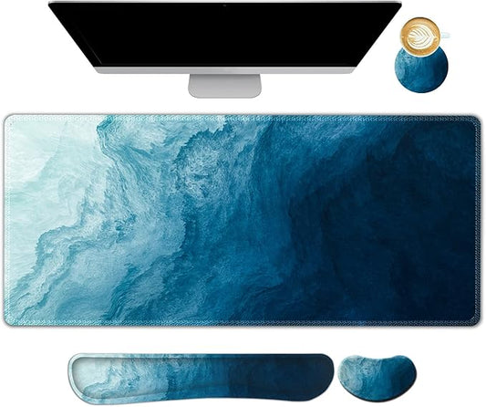 AIMSA Large Gaming Mouse Pad Set, Keyboard Wrist Rest Support + Extended Mouse Pad + Mouse Wrist Cushion + Coaster, Ergonomic Memory Foam Multifunctional Desk Mat 35x15.7inch (Dark Blue Waves)