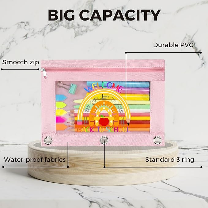 Pencil Pouch for 3 Ring Binder, Back to School Pencil Zipper Case Bag with Three Hole Clear Window for School Supplies