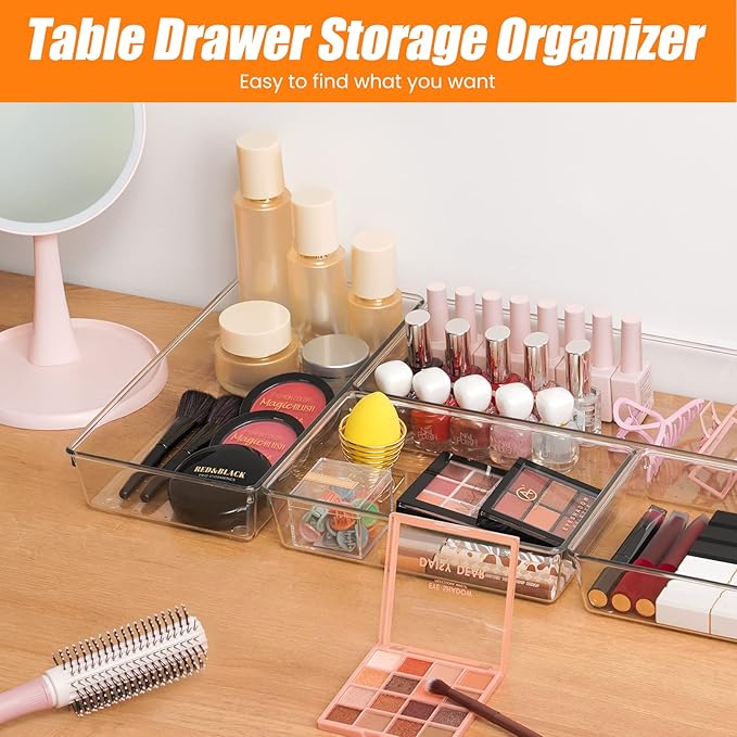 12 Pack Clear Plastic Drawer Organizer Set, Acrylic Non Slip Non Cracking Kitchen Drawer Storage Tray Large Size Divider, Multifunctional Storage for Cosmetics, Bathroom, Tools, Kitchen and Office