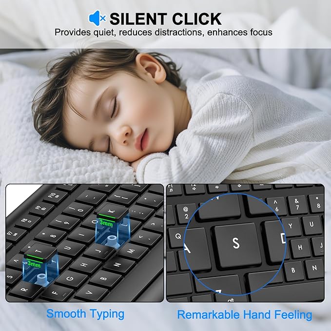 EDJO Wireless Keyboard, 2.4G Full-Sized Cordless USB Silent Computer Keyboard, Ergonomic Tilt Angle, Sleep Mode, Long Battery Life, for Windows, Mac OS Laptop/PC/Desktop/Notebook