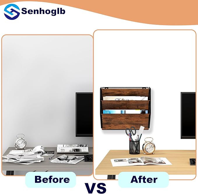 Metal Wall File Holder Organizer, 3-Tier Mesh Hanging Wall File Organizer, Magazine Rack with Pockets, Wood Document Holder for Office Home, Brown