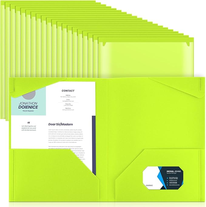 Henoyso 60 Pcs Plastic Folders with Clear Front Pockets Heavy Duty File Folders with 2 Pockets and Card Slot for Student Communication School Office Presentation Report (Fluorescent Green)