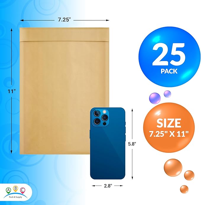 ABC PACK & SUPPLY Brown Kraft Bubble Mailer Envelopes, 7.25 x 11 Inches. 25 Pack Mail Padded Envelopes Self Seal. Kraft Bubble Mailers. Tear-Resistant Mailing Envelope Padded. Sturdy Paper Mailer