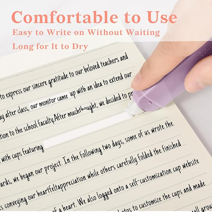 Temiary 6Pcs Mini White Correction Tapes, Quick Dry Smooth Pull Out for Writing, Aesthetic Cute Correction Tape Set Easy To Use for Students School Office Supplies (Purple)