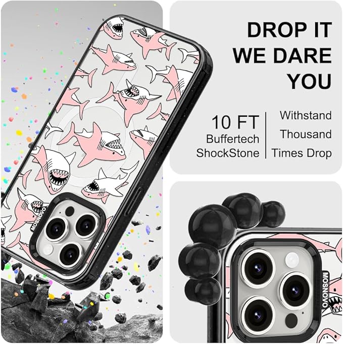MOSNOVO Case for iPhone 15 Pro Max, [10ft 4X Military-Grade Drop Protection] Durable & Shockproof Phone Case Cover Design for iPhone 15 Pro Max - Pink Sharks - Clear Black