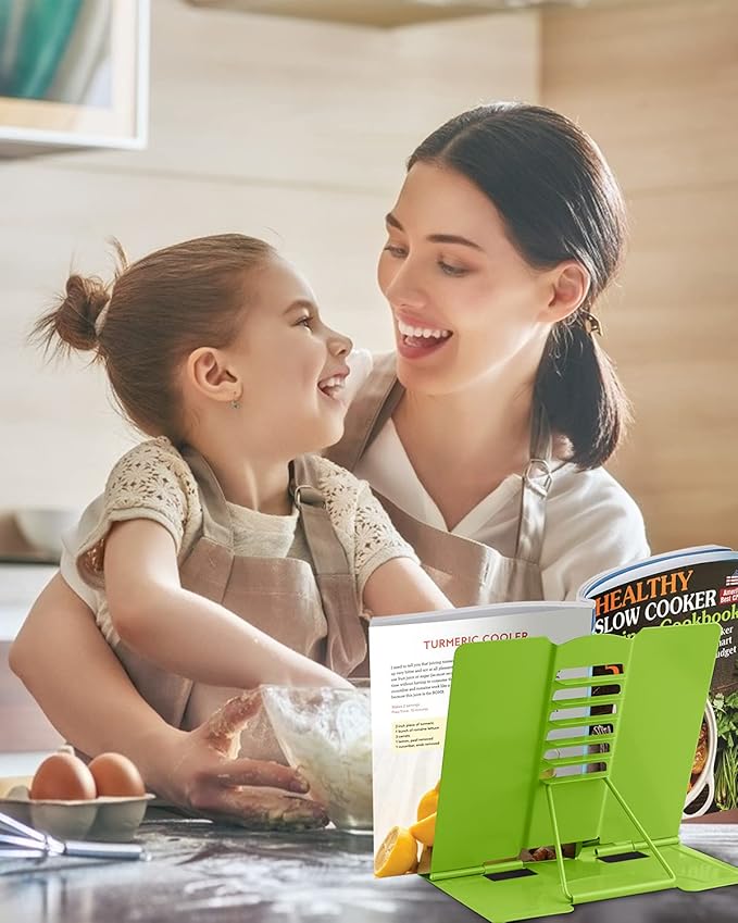 MSDADA Book Stand Metal Reading Rest Book Holder Adjustable Cookbook Documents Holder Portable Sturdy Bookstands for Recipes Textbooks Tablet Music Books with Page Clips (Green)