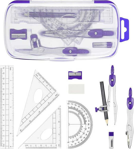 Math Geometry Kit Sets 10 Piece Student Supplies with Shatterproof Storage Box,Includes Rulers,Protractor,Compass,Eraser,Pencil Sharpener,Lead Refills,Pencil,for Drafting（Purple）