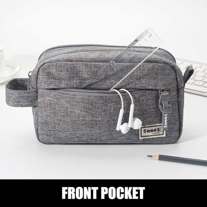 Sooez High Capacity Pencil Case, Big Pencil Bag Pouch Box Organizer Pen Case, Portable Journaling Supplies with Easy Grip Handle & Loop, Asthetic Supply for Girls Adults, Grey