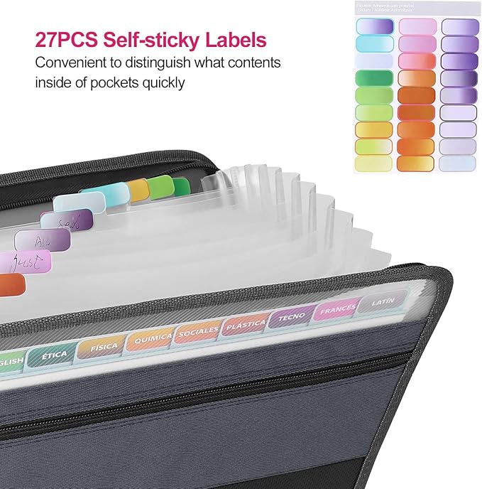 MEGREZ Expanding File Folder with 13 Pockets, A4 Paper File Folder with Zipper Color Labels, Waterproof Accordion File Folder Organizer for Home Office, Black