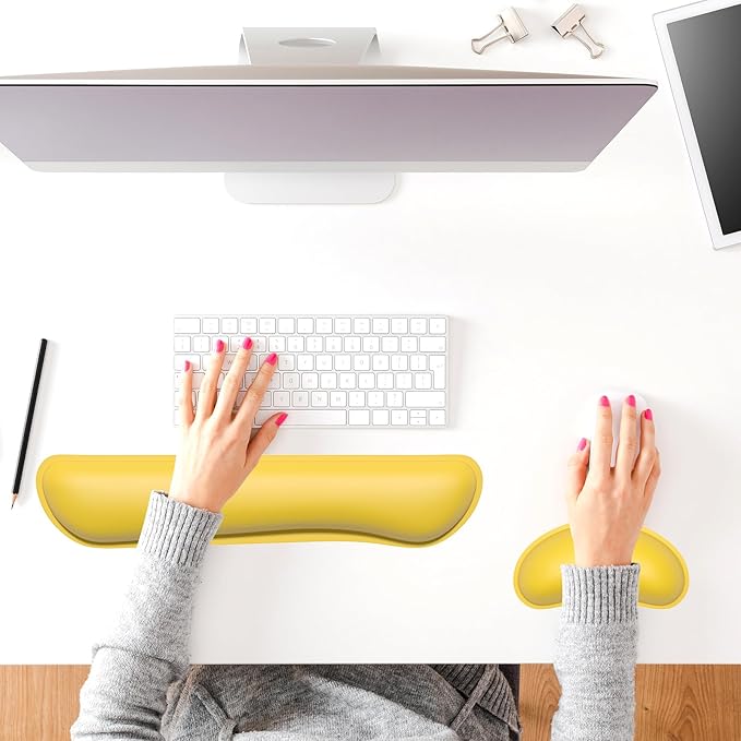 Dapesuom Keyboard Wrist Rest Set, Cute PU Leather Wrist Cushion for Computer Keyboard and Mousepad, Memory Foam Mouse Pad Rests Support with Non-Slip Base for Typing Pain Relief, Laptop, Yellow