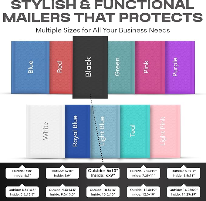 Black Small Poly Bubble Mailers 6x10 inch #0 | Self Seal Padded Envelopes | Cushioned Bubble Mailer | Usable Size 6x9 | WaterProof | Lightweight mailing Shipping Bags | 250 Pack Bulk