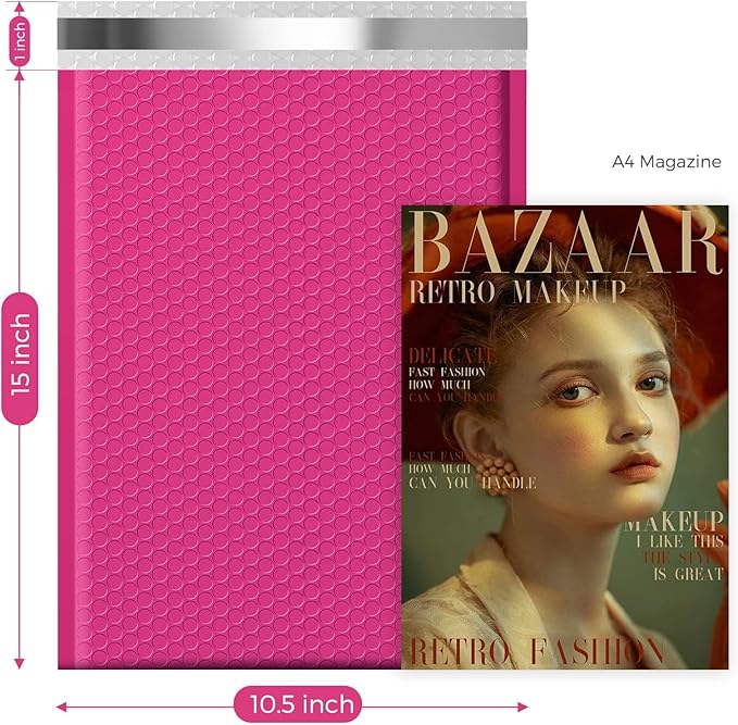 Fuxury Hot Pink Bubble Mailers 10.5x16 Inch 250 Pack, Self Seal Adhesive Waterproof Padded Envelopes, Cushioning Shipping Bags, Padded Mailers for Mailing, Packaging, Small Business Supplies, #5