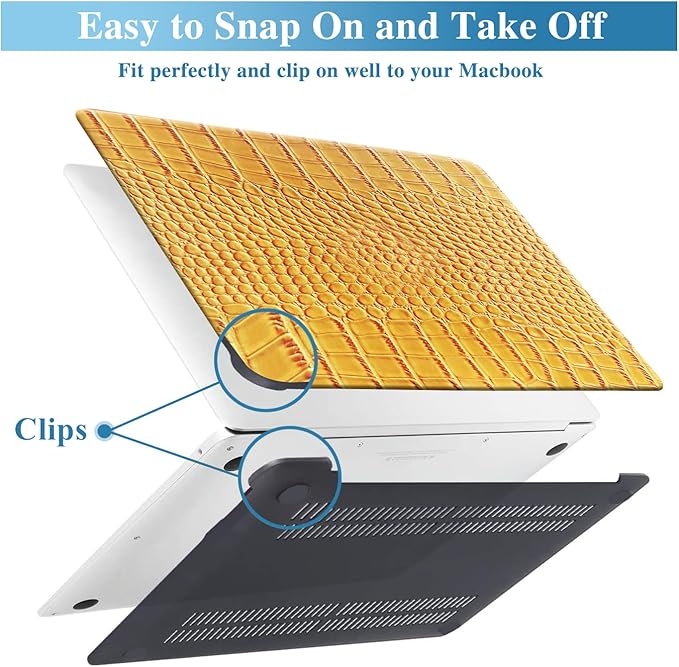 KEROM Compatible with Crocodile MacBook Air 13 Inch Case 2025-2022 M4 M3 M2 A3240 A3113 A2681, Textured Elegant Luxury Aligator Skin Snakeskin PU Leather Hardshell Case & Keyboard Cover, Yellow