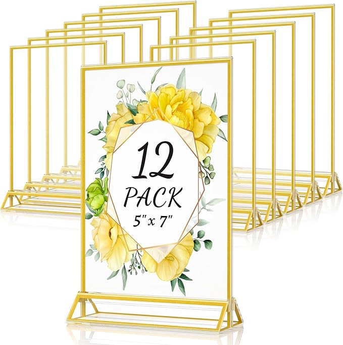 5 x 7 Acrylic Sign Holders - Double Sided Gold Picture Frames - Tabletop Display Menu Stands - Clear Plastic T Shape Vertical Paper Holders - 12 Pack