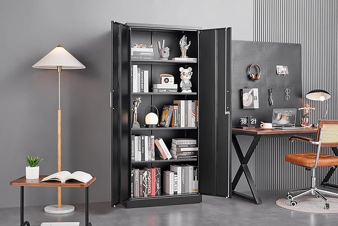 Metal Storage Cabinet with Adjustable Shelves, Garage Storage Cabinets with Doors and Shelves, File Cabinets for Home Office, Kitchen Pantry Cabinet, 71'H, Black