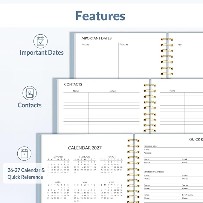SUNEE 2026 Weekly and Monthly Planner - January 2026-December 2026, 6.4" x 8.3" Half Weekly Half Note, Daily Agenda Planner with PVC Waterproof Cover, Monthly Tab, Note, Pockets, Bookmark, Blue