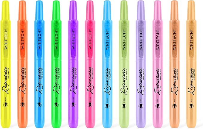 WRITECH Retractable Highlighters Assorted Colors: Chisel Tip Click Aesthetic Highlighter Marker Pens Pack Multi Colored Ink No Bleed Smear for Highlighting Journaling (12ct Neon+Pastel)