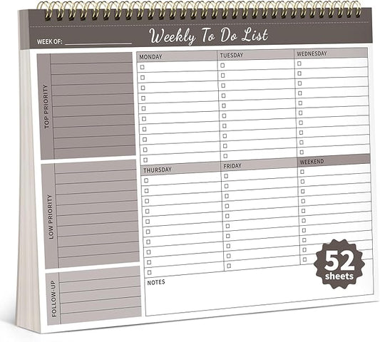 Weekly To Do List Notepad, 52 Undated Sheets 100 GSM（8.5"×11") Duplex-Printed Weekly Desk Planner For Work Home School Office Desk Accessories Supplies & Goal Setting Tasks -Brown